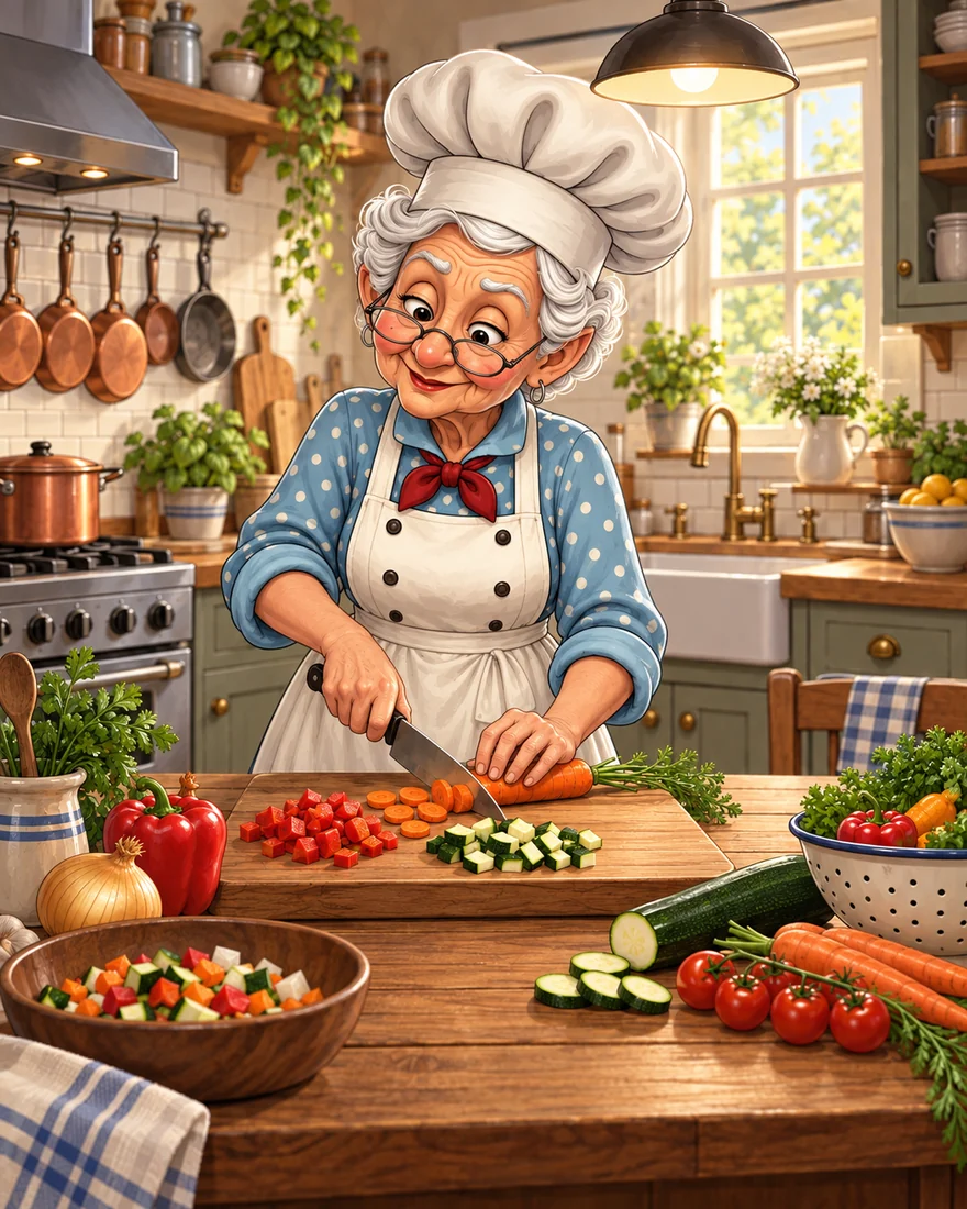 Beryl chopping vegetables in her kitchen