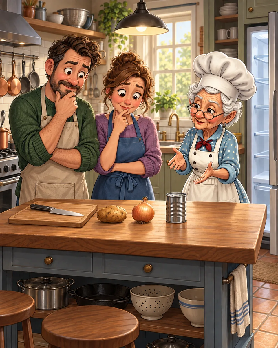 Beryl in the kitchen with a couple wondering what to cook from a potato, an onion and a tin