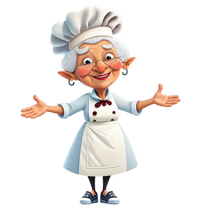 Beryl the cook, arms open in welcome